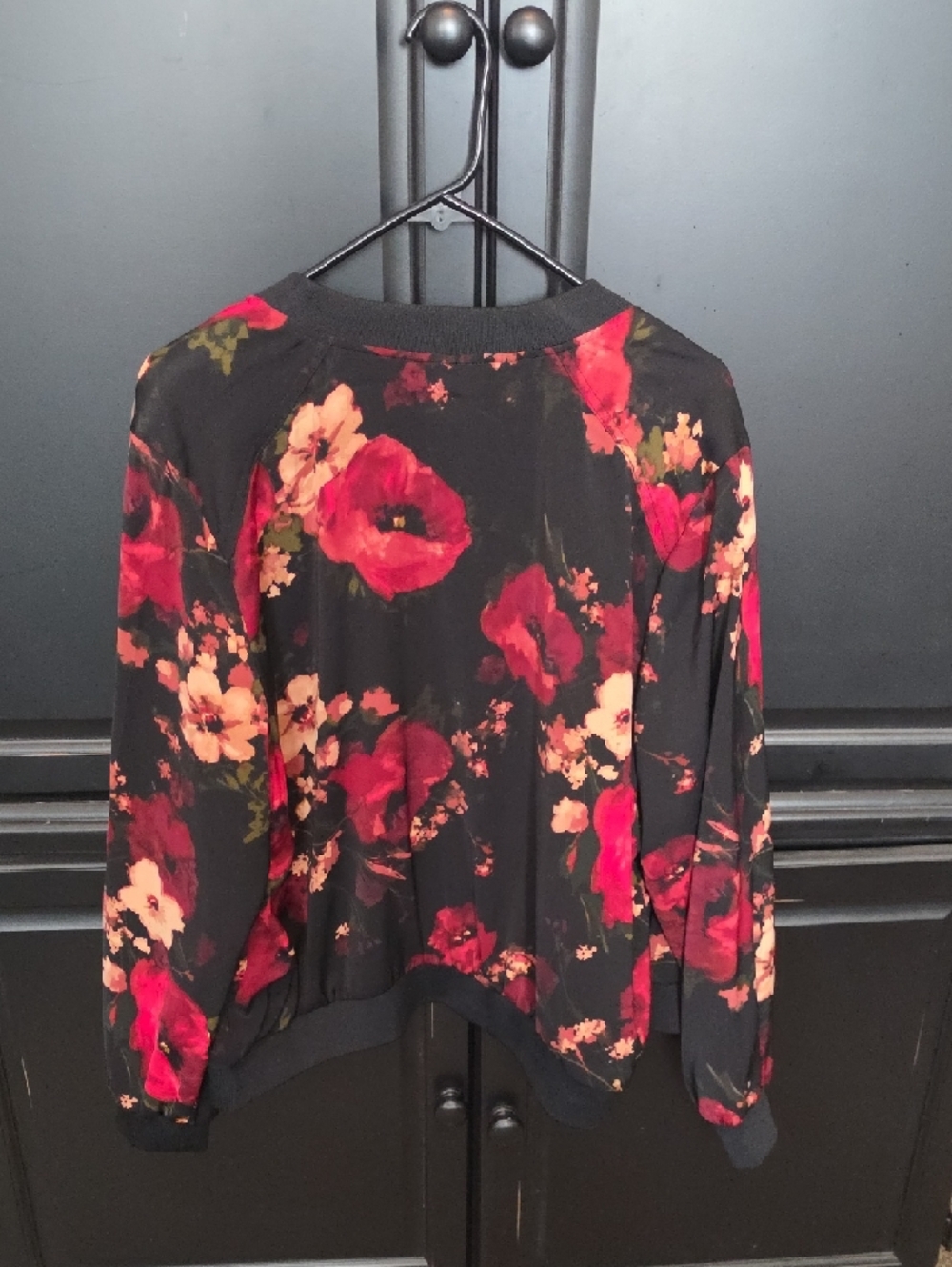 Sale! Susan Graver Black Floral Bomber Jacket with Red Lining - Picture 4 of 4